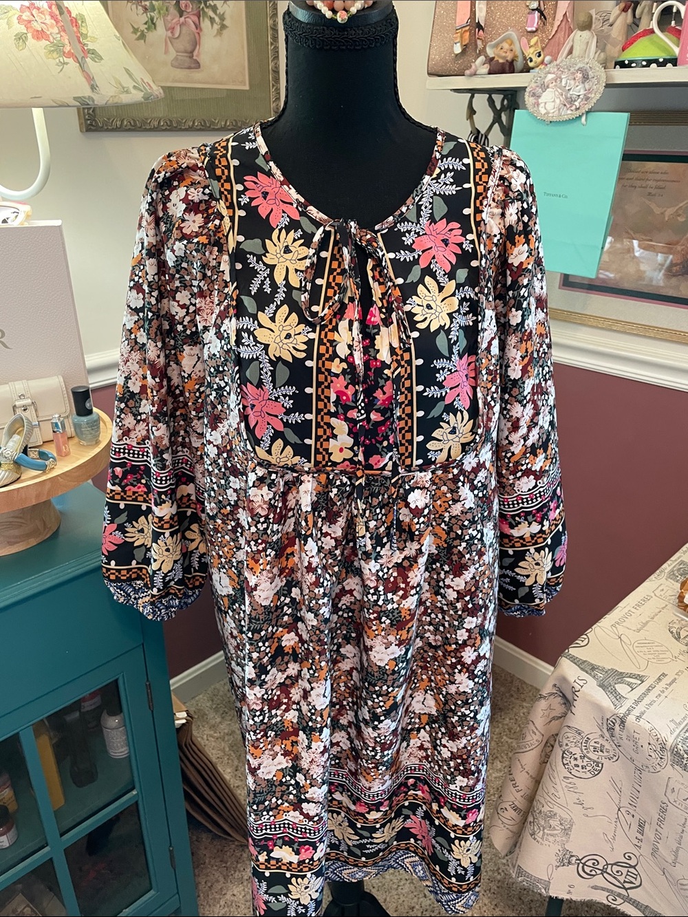 Boho Floral Long Sleeve Dress - Black with Pink & Tan Floral Print